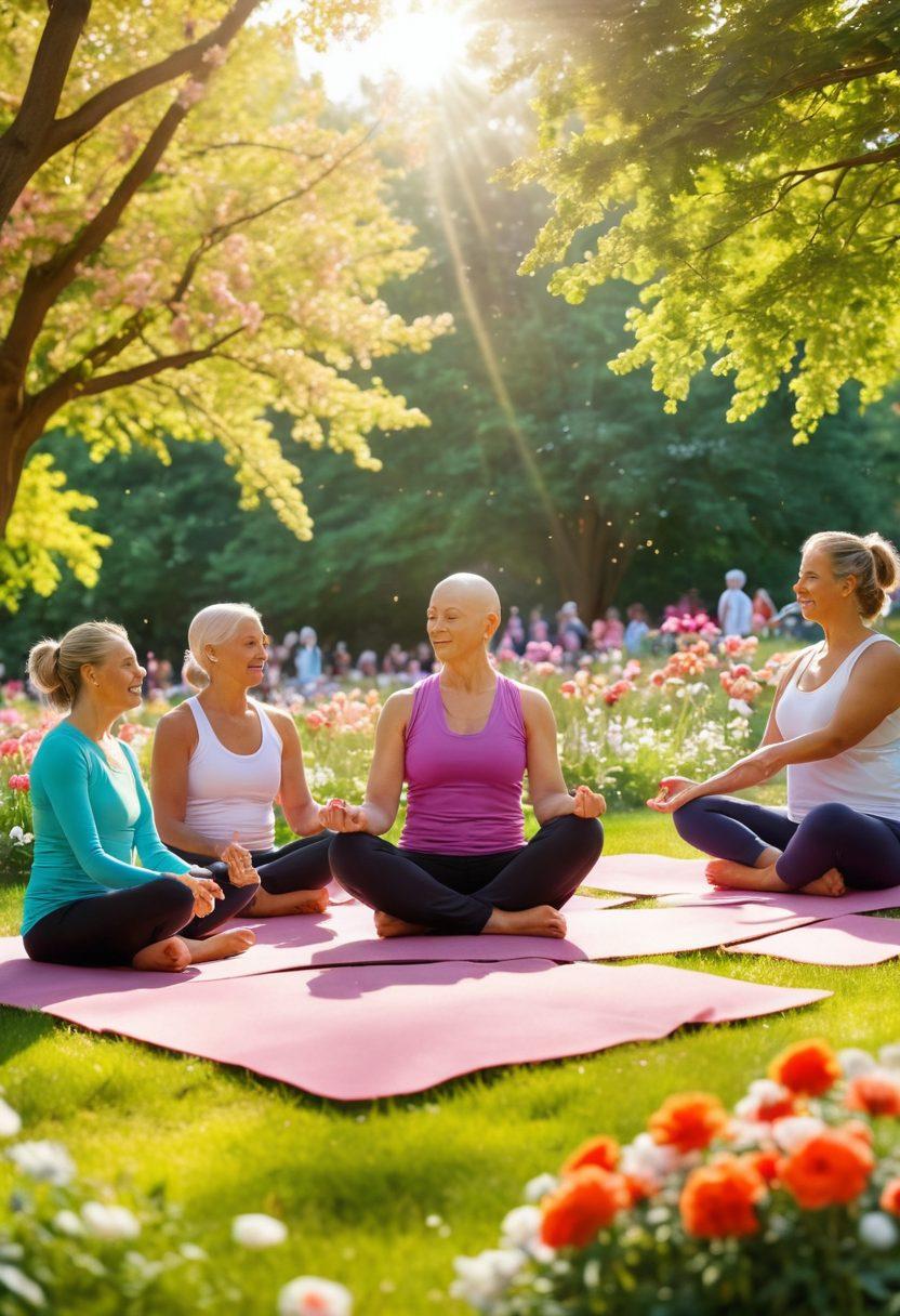 A heartwarming scene capturing a diverse group of cancer survivors sharing stories in a sunlit park, surrounded by vibrant flowers symbolizing hope. Include elements of wellness like yoga mats and healthy food options nearby, along with supportive signs advocating for cancer awareness. Soft, uplifting colors to evoke a sense of community and resilience. super-realistic. vibrant colors. natural setting.