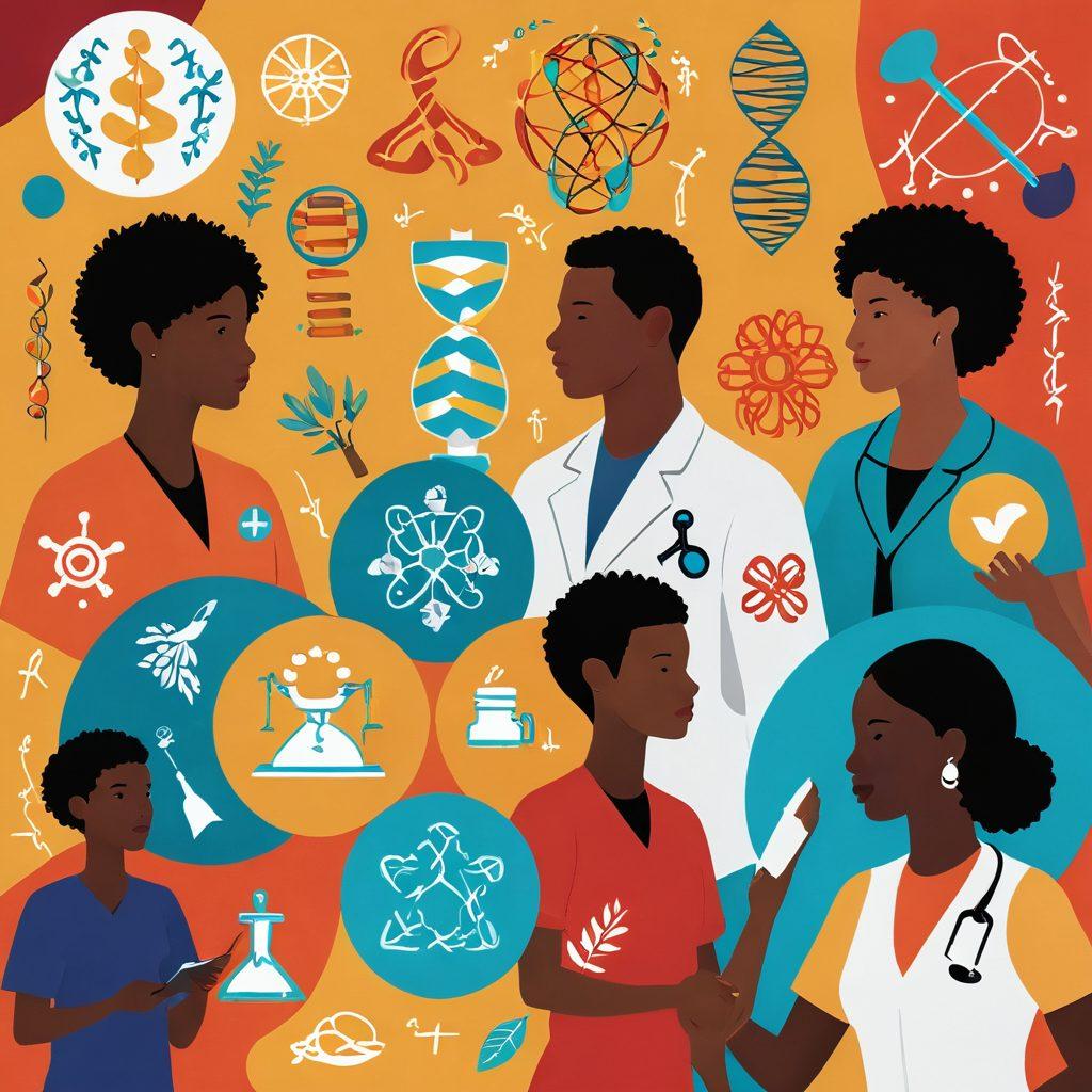 A collage depicting a diverse group of patients engaged in various supportive activities, surrounded by symbols of treatment innovations like DNA strands and medical equipment. In the background, warm, inviting colors blend with soft light, creating an atmosphere of hope and empowerment. Include illustrated elements representing support groups and educational resources, conveying a sense of community and resilience. vibrant colors. super-realistic. uplifting atmosphere.