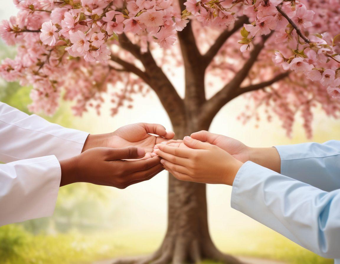 A serene healthcare environment with a diverse group of people engaging in supportive discussions, surrounded by soothing colors and gentle lighting. Include symbolic elements like a blossoming tree representing hope, intertwined hands symbolizing community, and subtle medical imagery in the background. Emphasize warmth and compassion in expressions. soft focus. vibrant colors. super-realistic.